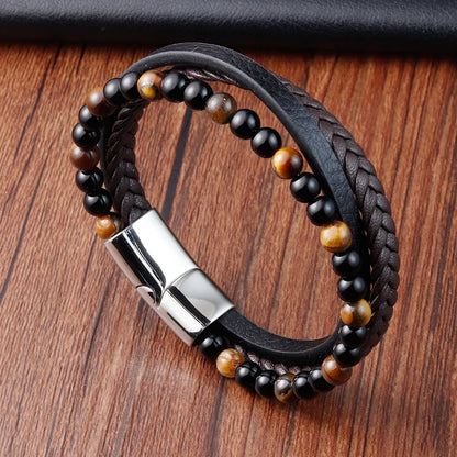 Charm Rope Stainless Steel Magnetic Natural Stone Leather Man Bracelet Beaded Braclet Volcanic Stone bracelet bangles Chain Gift