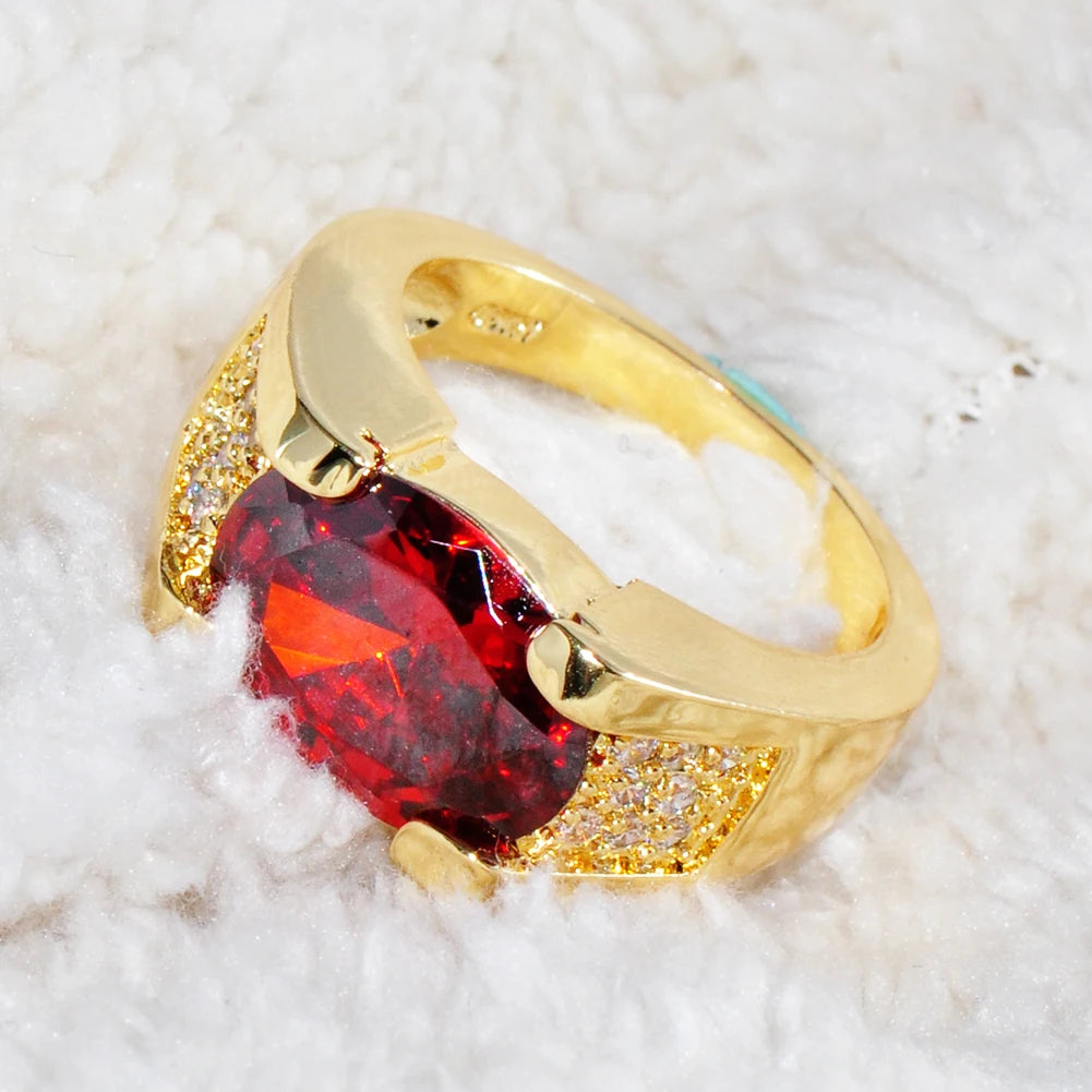 Charm Male Female Red Crystal Stone Ring 18KT Yellow Gold Color Thin Wedding Rings For Women Luxury Oval Zircon Engagement Ring