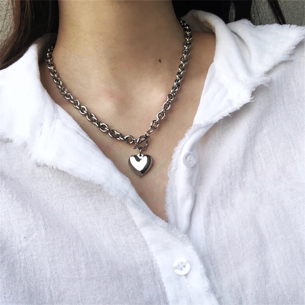 2020 Punk Thick Chain Heart Choker Necklace Retro Gothic Rock Gold Color Silver Color Geometric Clavicle Necklace Jewelry Gift