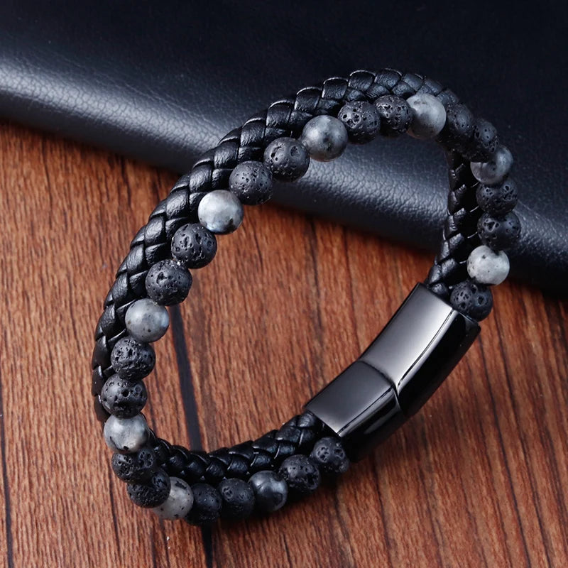 Charm Rope Stainless Steel Magnetic Natural Stone Leather Man Bracelet Beaded Braclet Volcanic Stone bracelet bangles Chain Gift