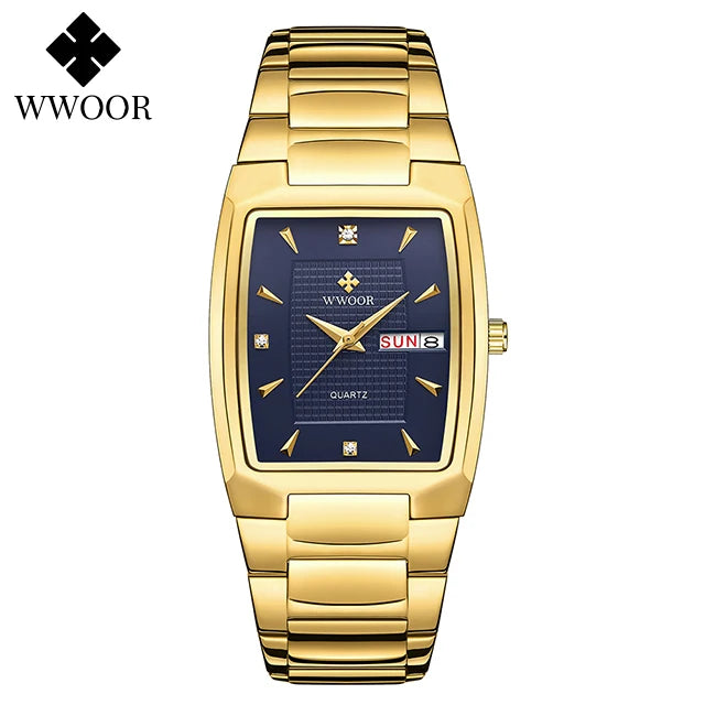 WWOOR Luxury Men's Wristwatch Top Brand Fashion Square Dial Stainless Steel Calendar Waterproof Men Quartz Watches Casual Clock