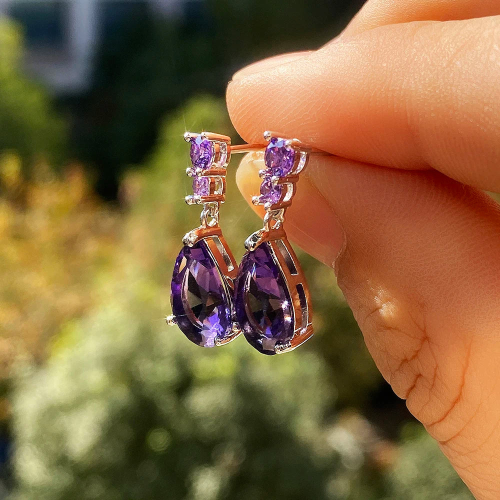 Huitan Gorgeous AAA Cubic Zirconia Water Drop Charm Women Drop Earring Wedding Band Jewelry White/Purple High Quality Earrings