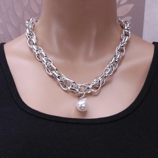Vintage Statement Double Chain Choker Neckalce for Women Gold Silver Color Fashion Baroque Pearl Pendant Necklace Punk Jewelry
