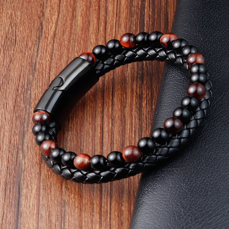 Charm Rope Stainless Steel Magnetic Natural Stone Leather Man Bracelet Beaded Braclet Volcanic Stone bracelet bangles Chain Gift