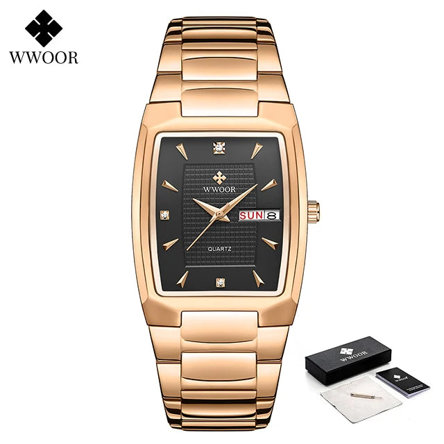 WWOOR Luxury Men's Wristwatch Top Brand Fashion Square Dial Stainless Steel Calendar Waterproof Men Quartz Watches Casual Clock