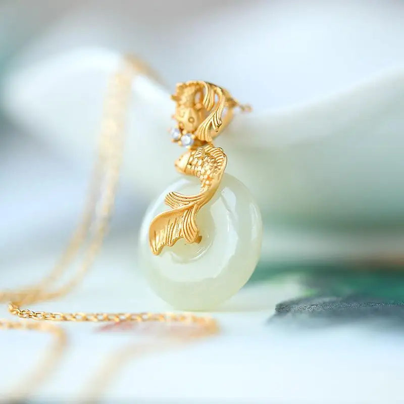 Designer original new natural Hetian jade koi necklace pendant retro light luxury ladies silver jewelry