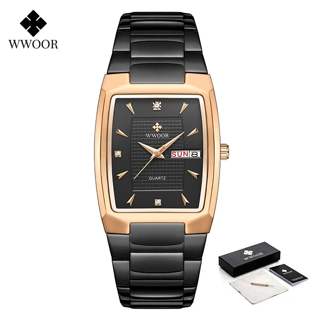 WWOOR Luxury Men's Wristwatch Top Brand Fashion Square Dial Stainless Steel Calendar Waterproof Men Quartz Watches Casual Clock