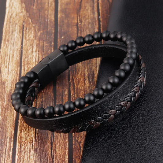 Charm Rope Stainless Steel Magnetic Natural Stone Leather Man Bracelet Beaded Braclet Volcanic Stone bracelet bangles Chain Gift