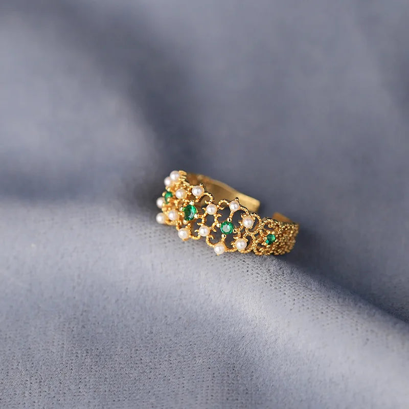 Italian Craft Silver Vintage Court Style S925 Silver Gold-Plated Ring Zircon Hollow-out Clover of Four Leaves Simple Temperament