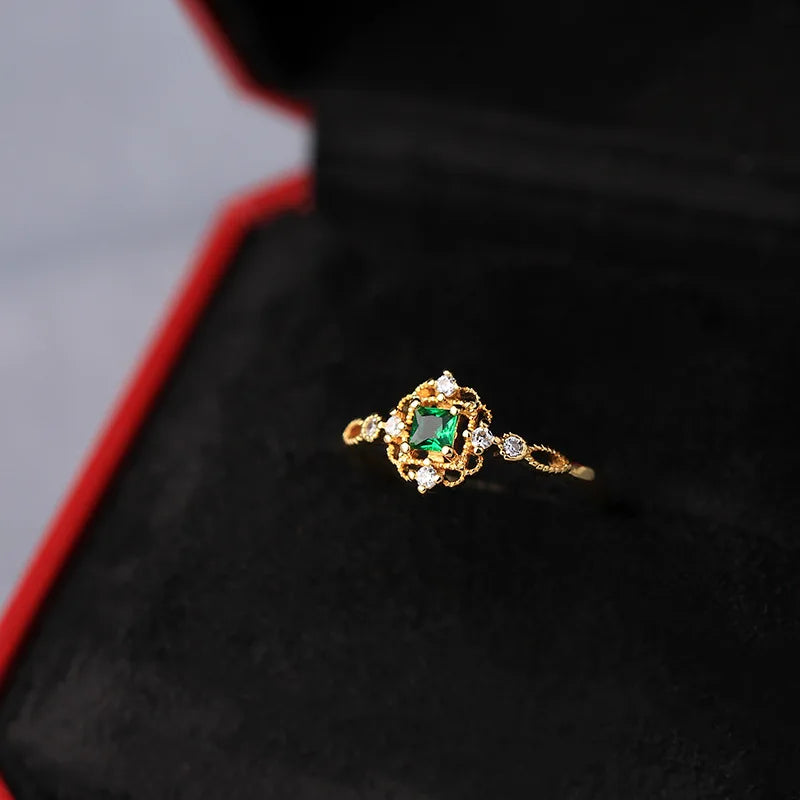 Italian Craft Silver Vintage Court Style S925 Silver Gold-Plated Ring Zircon Hollow-out Clover of Four Leaves Simple Temperament