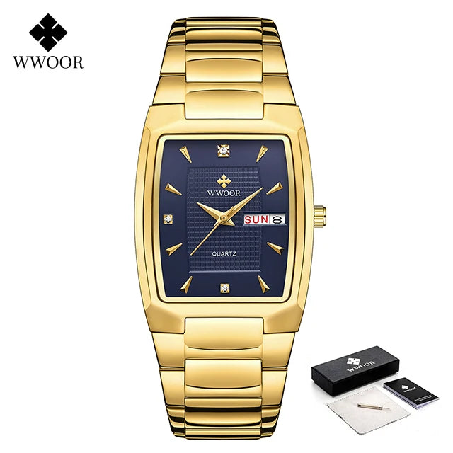 WWOOR Luxury Men's Wristwatch Top Brand Fashion Square Dial Stainless Steel Calendar Waterproof Men Quartz Watches Casual Clock