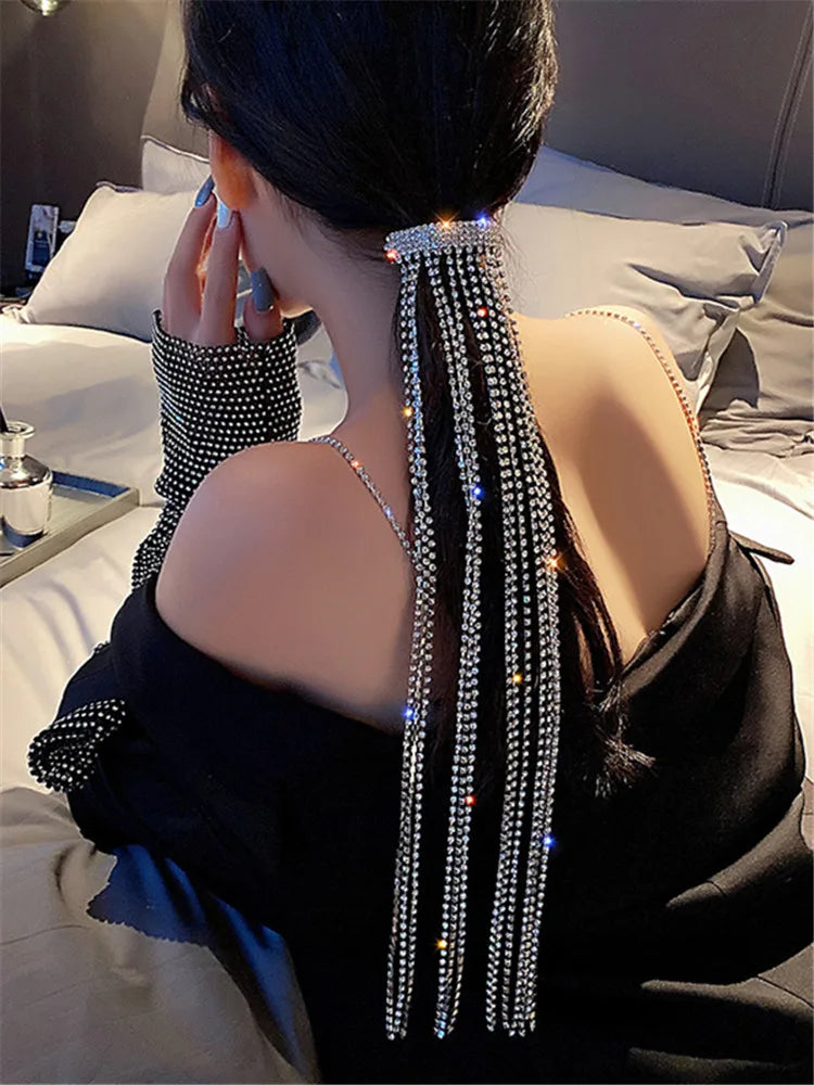 XIALUOKE Vintage Shine Full Rhinestone Hairpins For Women Bijoux Long Tassel Crystal Hair Barrettes Wedding Banquet Jewelry