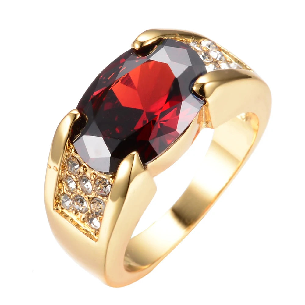 Charm Male Female Red Crystal Stone Ring 18KT Yellow Gold Color Thin Wedding Rings For Women Luxury Oval Zircon Engagement Ring