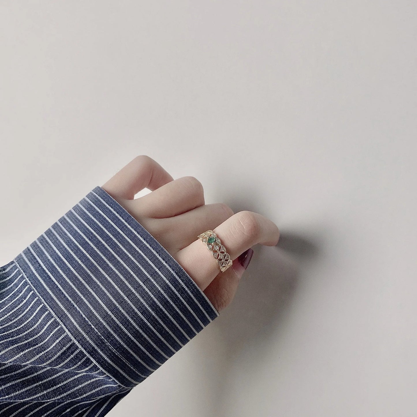 Italian Craft Silver Vintage Court Style S925 Silver Gold-Plated Ring Zircon Hollow-out Clover of Four Leaves Simple Temperament