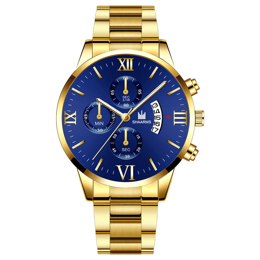 Business  Brand Luxury Men's Military Quartz Watch Men's Stainless Steel Gold Black Calendar Date Watch Male Clock Relogio