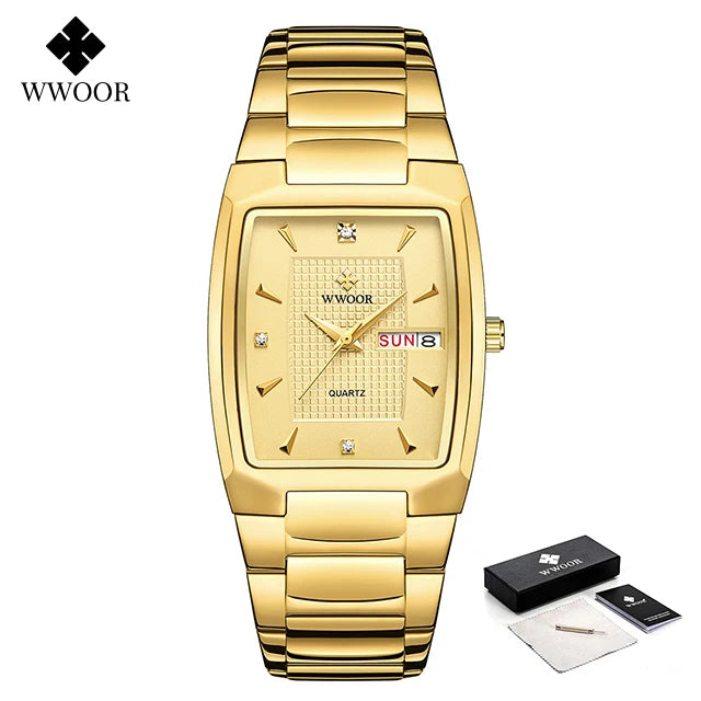 WWOOR Luxury Men's Wristwatch Top Brand Fashion Square Dial Stainless Steel Calendar Waterproof Men Quartz Watches Casual Clock