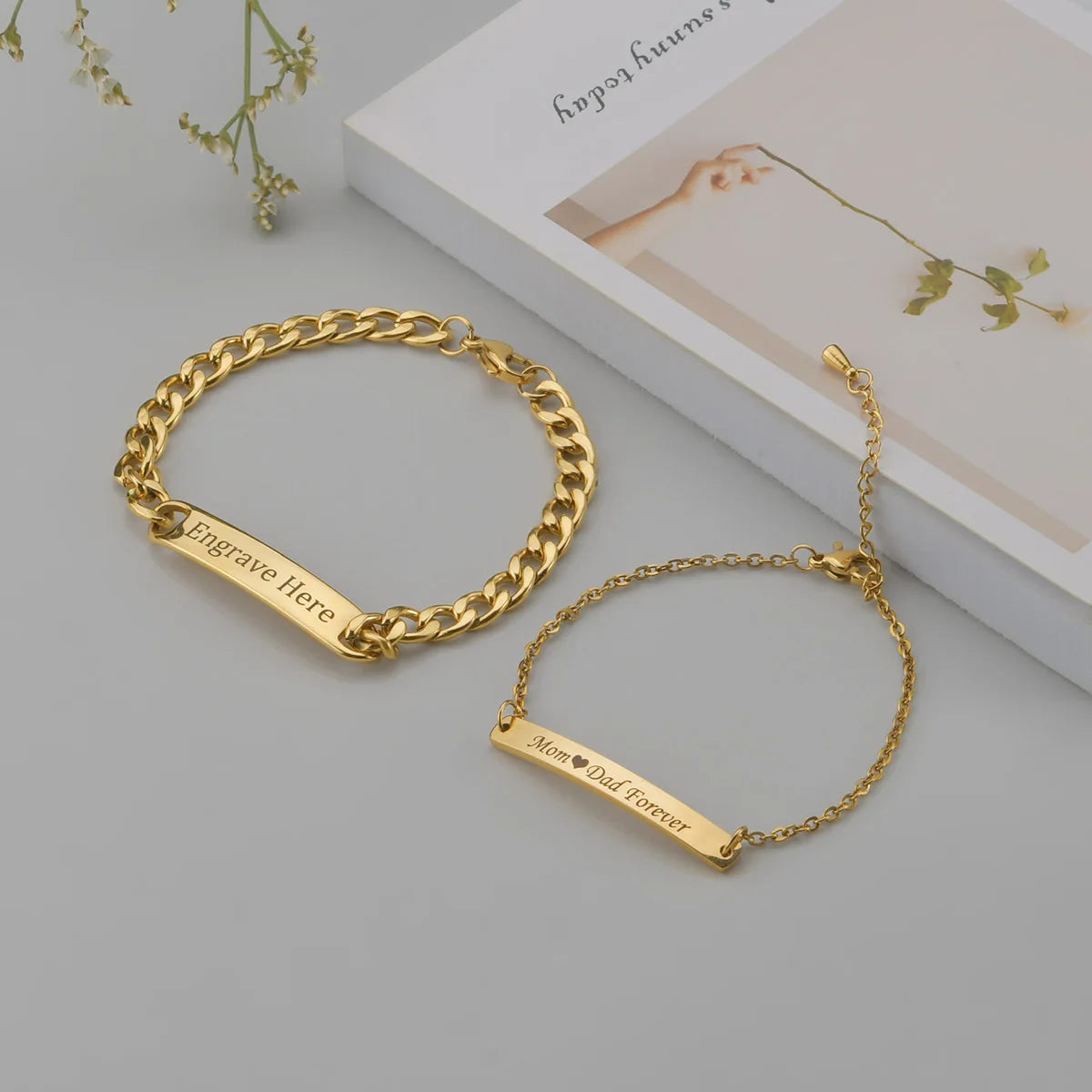 Atoztide Custom Name Bar Nameplate Couple Bracelet Stainless Steel For Men Women Adjustable Link Chain Personalized Jewelry Gift