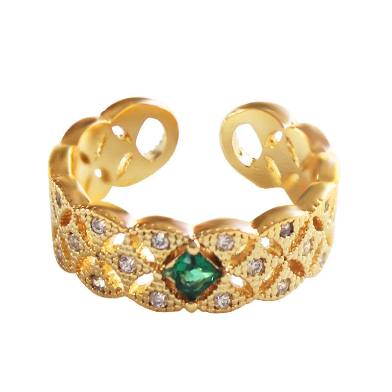 Italian Craft Silver Vintage Court Style S925 Silver Gold-Plated Ring Zircon Hollow-out Clover of Four Leaves Simple Temperament