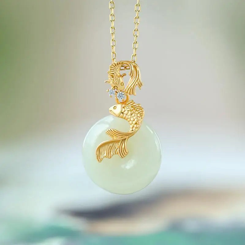 Designer original new natural Hetian jade koi necklace pendant retro light luxury ladies silver jewelry