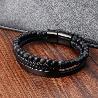 Charm Rope Stainless Steel Magnetic Natural Stone Leather Man Bracelet Beaded Braclet Volcanic Stone bracelet bangles Chain Gift