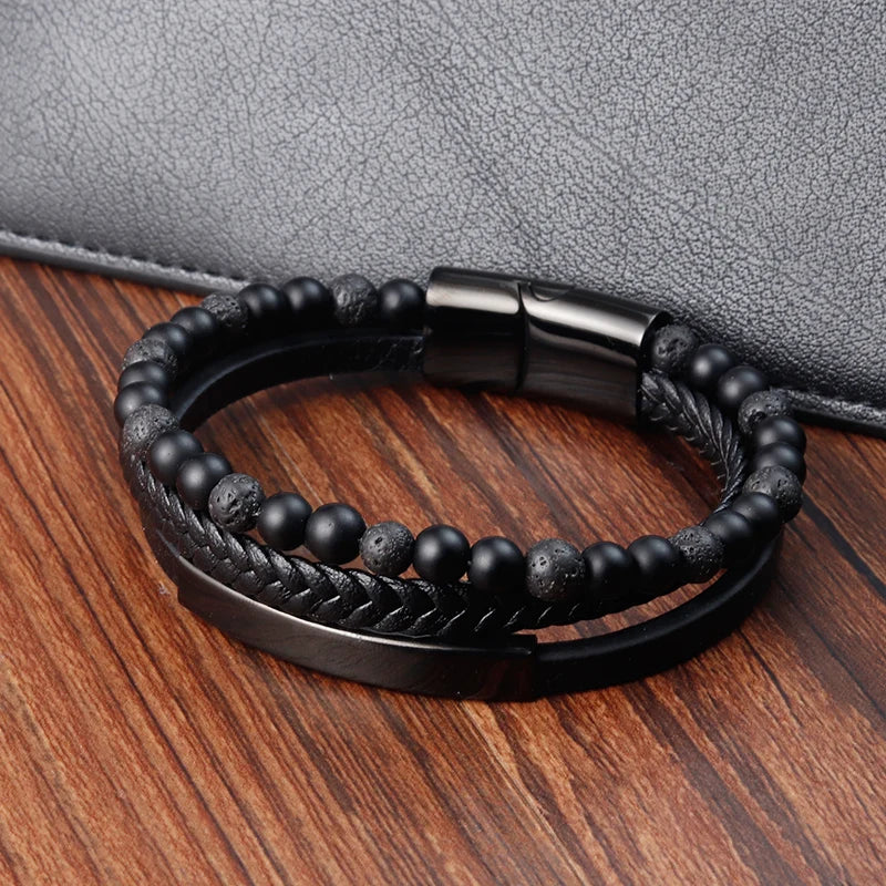 Charm Rope Stainless Steel Magnetic Natural Stone Leather Man Bracelet Beaded Braclet Volcanic Stone bracelet bangles Chain Gift
