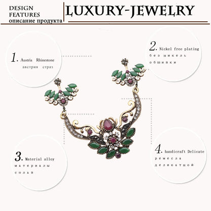 New Style Turkish Wing Jewelry Sets For Women Retro Gold Color Resin Adjustable Earrings Flower Necklace India Ethnic Bijoux