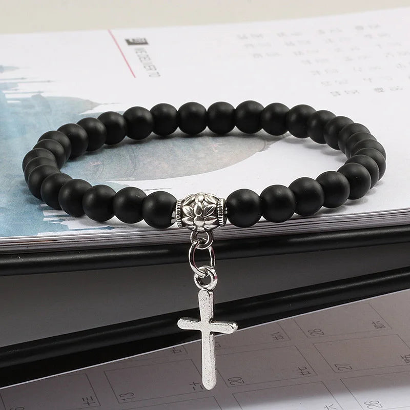 6mm Boho Natural Blue Beads Bracelet Men Cross Pendant Black Volcanic Stone Strand Bracelets for Women Charm Fashion Jewelry