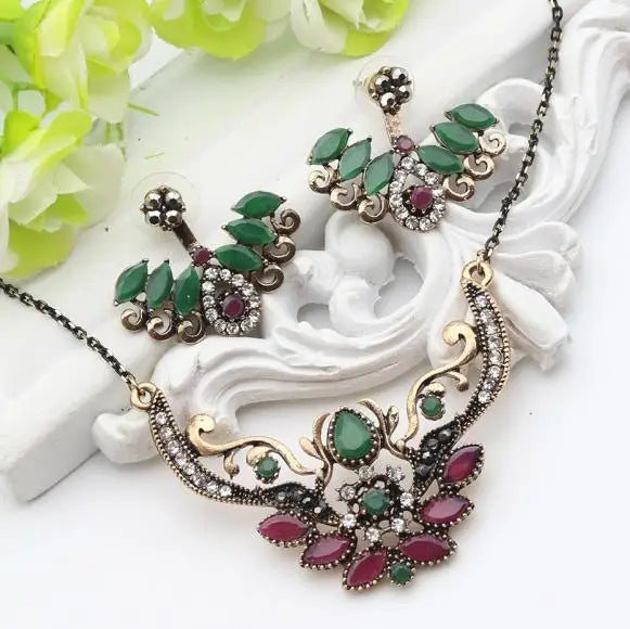 New Style Turkish Wing Jewelry Sets For Women Retro Gold Color Resin Adjustable Earrings Flower Necklace India Ethnic Bijoux