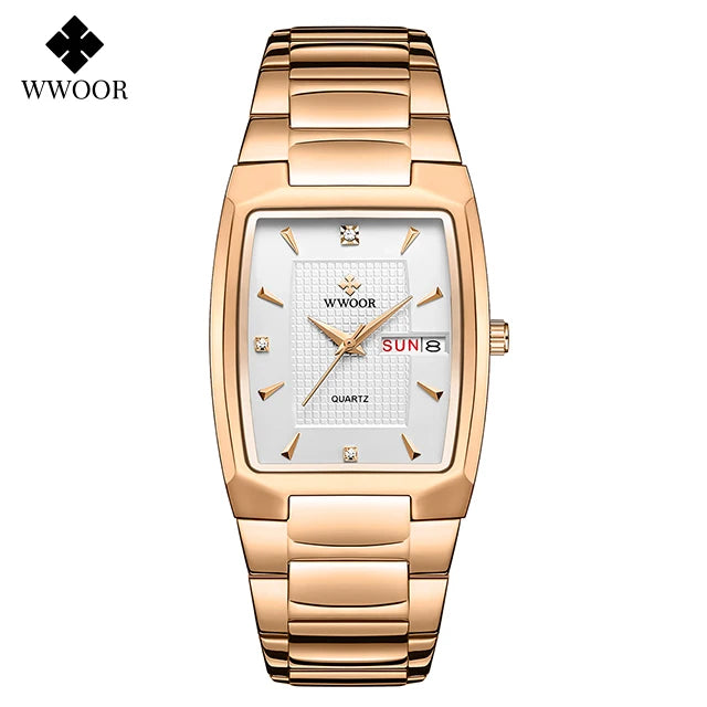 WWOOR Luxury Men's Wristwatch Top Brand Fashion Square Dial Stainless Steel Calendar Waterproof Men Quartz Watches Casual Clock