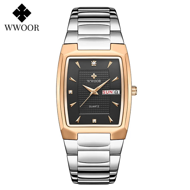 WWOOR Luxury Men's Wristwatch Top Brand Fashion Square Dial Stainless Steel Calendar Waterproof Men Quartz Watches Casual Clock
