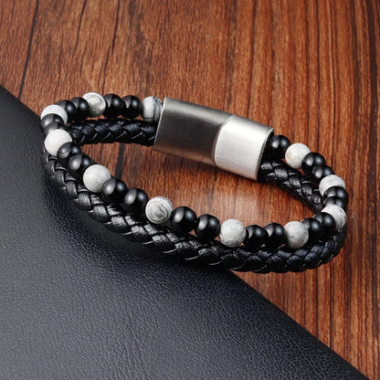 Charm Rope Stainless Steel Magnetic Natural Stone Leather Man Bracelet Beaded Braclet Volcanic Stone bracelet bangles Chain Gift