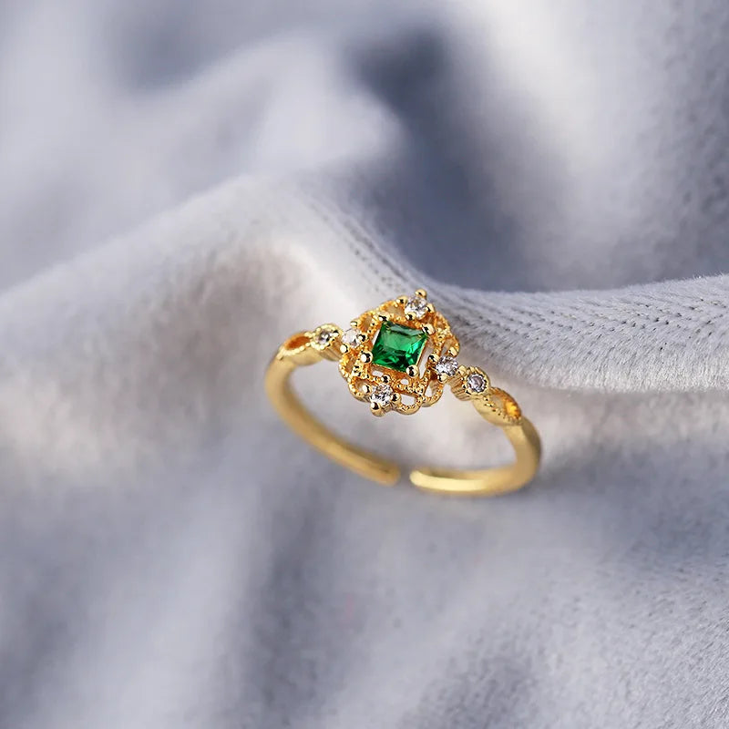 Italian Craft Silver Vintage Court Style S925 Silver Gold-Plated Ring Zircon Hollow-out Clover of Four Leaves Simple Temperament