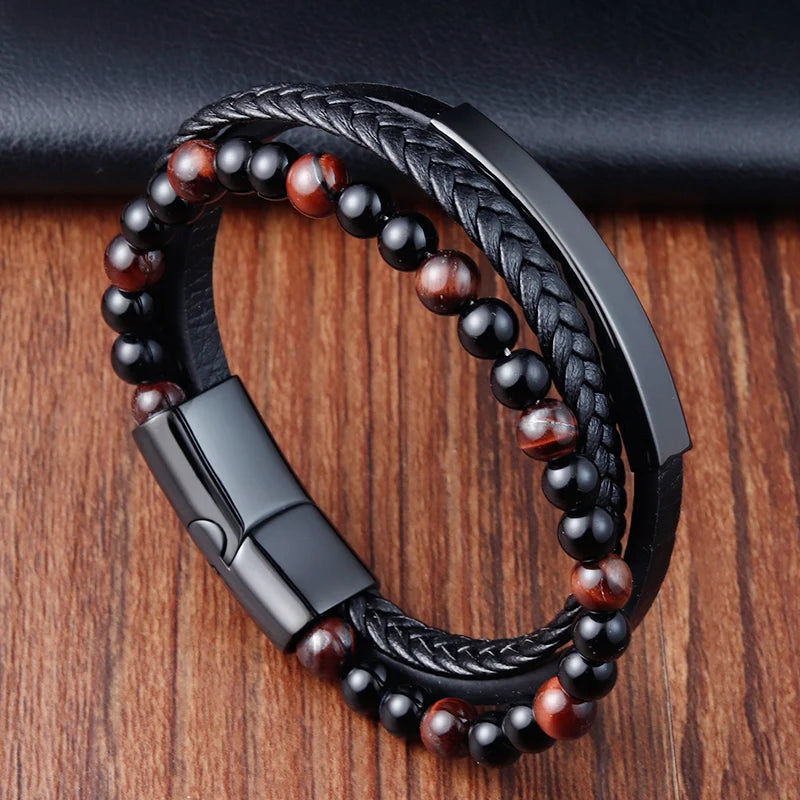 Charm Rope Stainless Steel Magnetic Natural Stone Leather Man Bracelet Beaded Braclet Volcanic Stone bracelet bangles Chain Gift