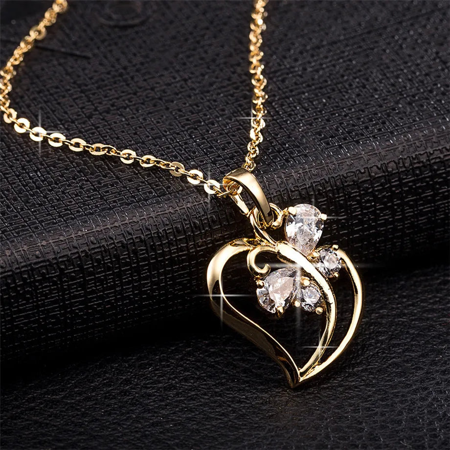 Trendy CZ Butterfly Heart Charm Pendant Necklace Wholesale 35cm Gold Color Choker Neck Chains For Women Jewelry collier femme