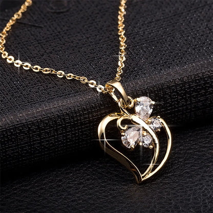 Trendy CZ Butterfly Heart Charm Pendant Necklace Wholesale 35cm Gold Color Choker Neck Chains For Women Jewelry collier femme