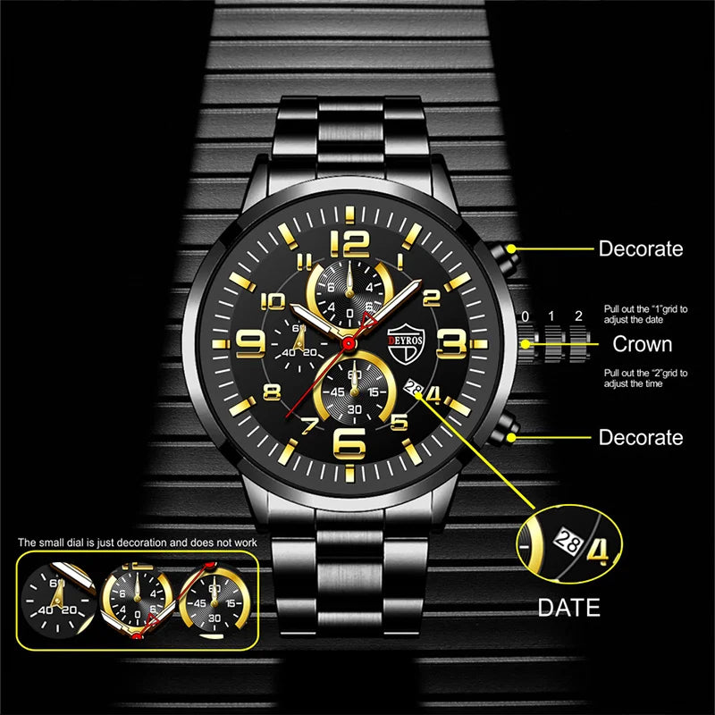 Fashion Mens Sports Watches for Men Luxury Stainless Steel Quartz Wrist Watch Luminous Clock Man Business Casual Leather Watch