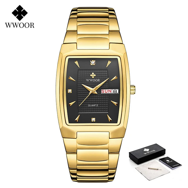 WWOOR Luxury Men's Wristwatch Top Brand Fashion Square Dial Stainless Steel Calendar Waterproof Men Quartz Watches Casual Clock