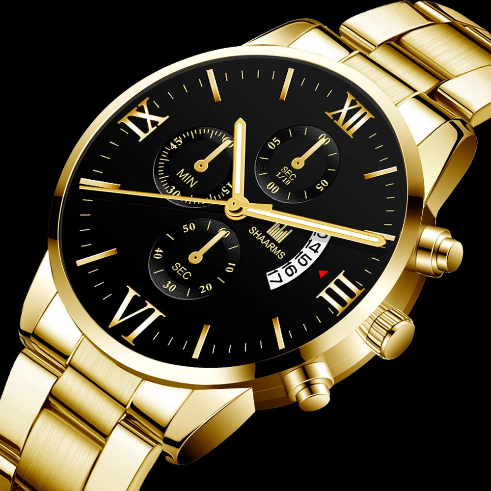 Business  Brand Luxury Men's Military Quartz Watch Men's Stainless Steel Gold Black Calendar Date Watch Male Clock Relogio