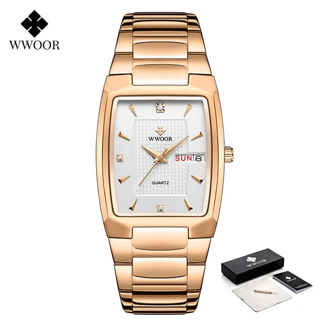 WWOOR Luxury Men's Wristwatch Top Brand Fashion Square Dial Stainless Steel Calendar Waterproof Men Quartz Watches Casual Clock