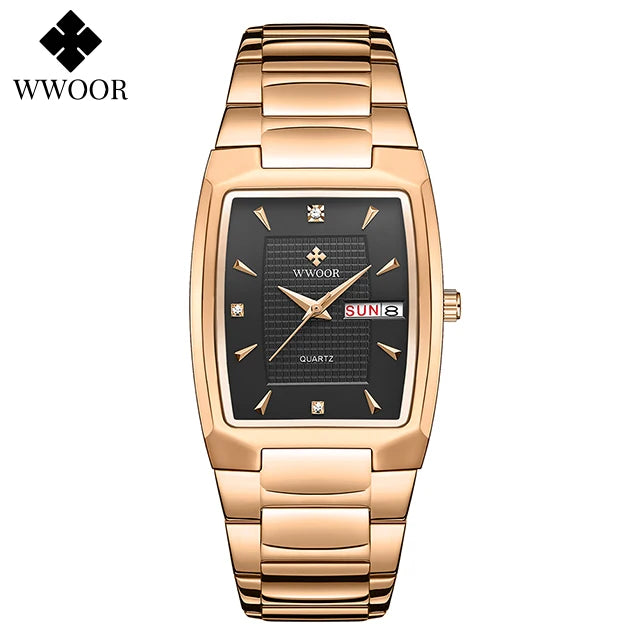 WWOOR Luxury Men's Wristwatch Top Brand Fashion Square Dial Stainless Steel Calendar Waterproof Men Quartz Watches Casual Clock