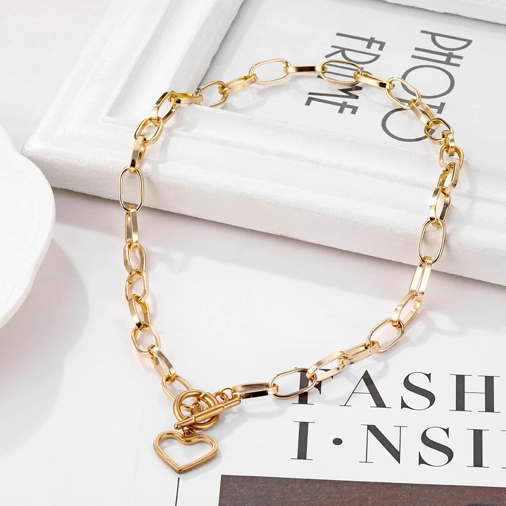 2020 Punk Thick Chain Heart Choker Necklace Retro Gothic Rock Gold Color Silver Color Geometric Clavicle Necklace Jewelry Gift