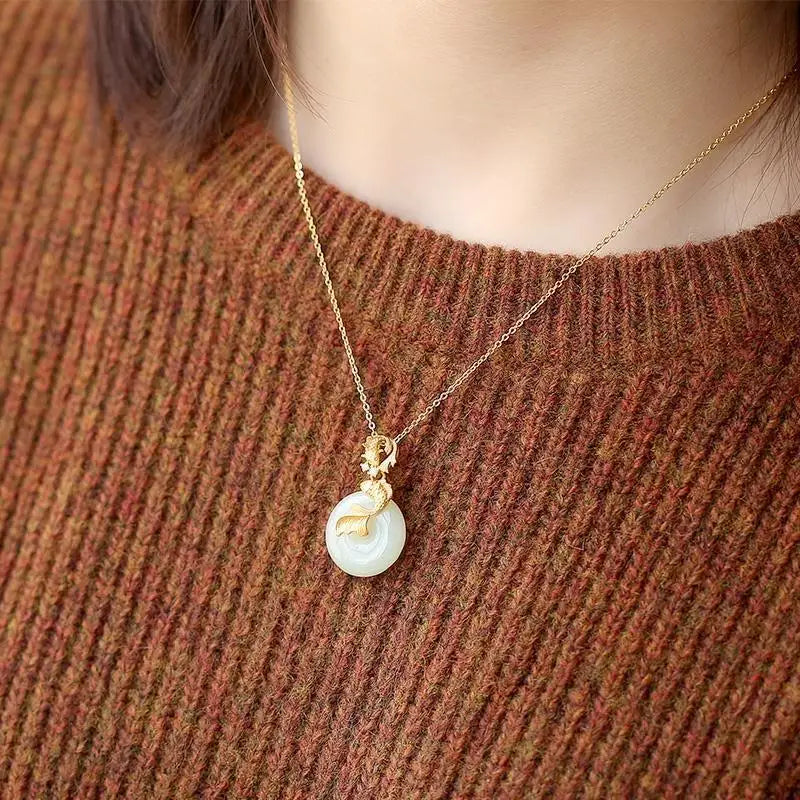 Designer original new natural Hetian jade koi necklace pendant retro light luxury ladies silver jewelry