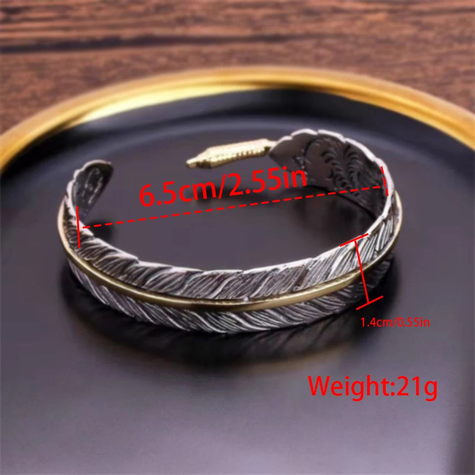 Tang Grass Pattern Feather Bracelet, Men's Trendy, Ancient Silver, Personalized, Versatile, Retro Open Bracelet