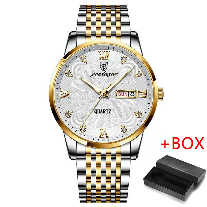 POEDAGAR New Business Mens Watches Top Brand Luxury Stainless Steel Waterproof Week Date Quartz Watch for Men Relogio Masculino