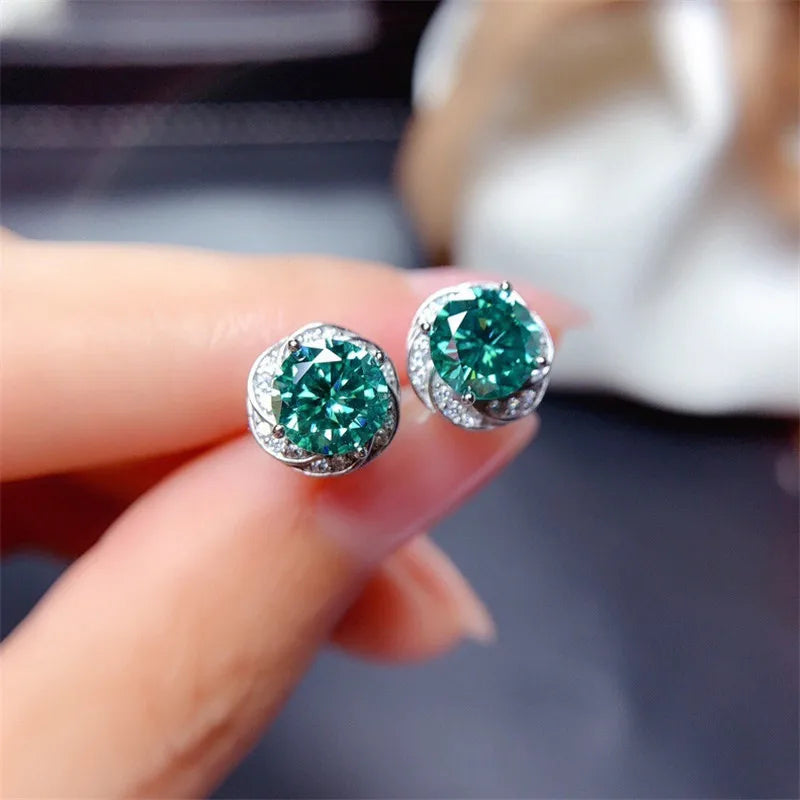 925 Sterling Silver Green Round CZ Stud Earrings  Flower Shape Simple Elegant Women's Ear Piercing Accessories New Jewelry