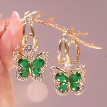925 Silver Needle Vintage Green Crystal Butterfly Drop Earrings for Women Jewelry New Trending Luxury Zircon Women's Earrings