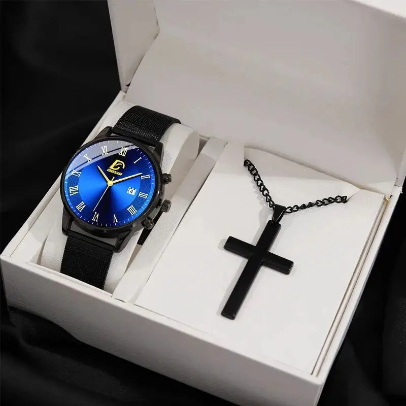 2PCS Set Fashion Mens Calendar Watches Luxury Men Business Golden Mesh Belt Quartz Watch Male Necklace Wristwatch