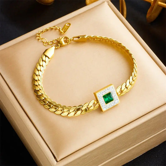 Stainless Steel New Fashion Fine Jewelry Embed Zircon Square Green Crystal Charm Thick Chain Imprint Bracelets For Women