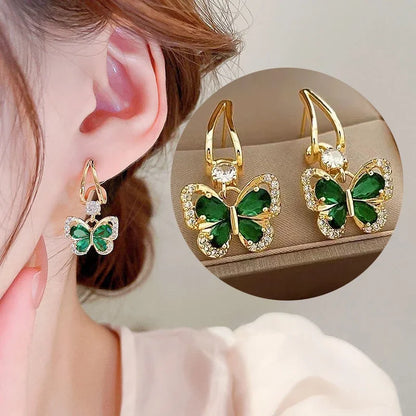 925 Silver Needle Vintage Green Crystal Butterfly Drop Earrings for Women Jewelry New Trending Luxury Zircon Women's Earrings