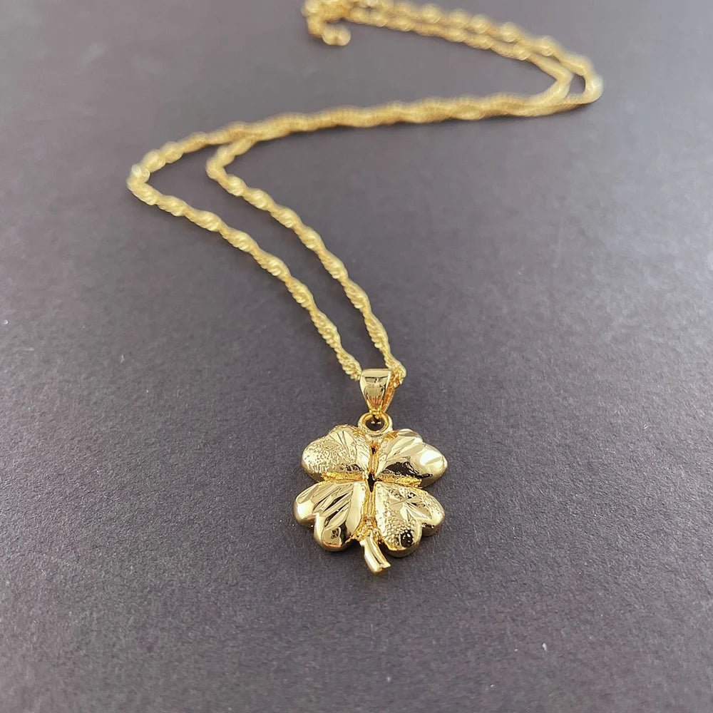 18K Gold Necklace Lucky Clover Pendant 24K Gold For Woman Charm Jewelry Wedding Party Gift